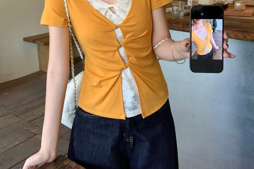 Lace Cutout Slit V-Neck Crop Tee