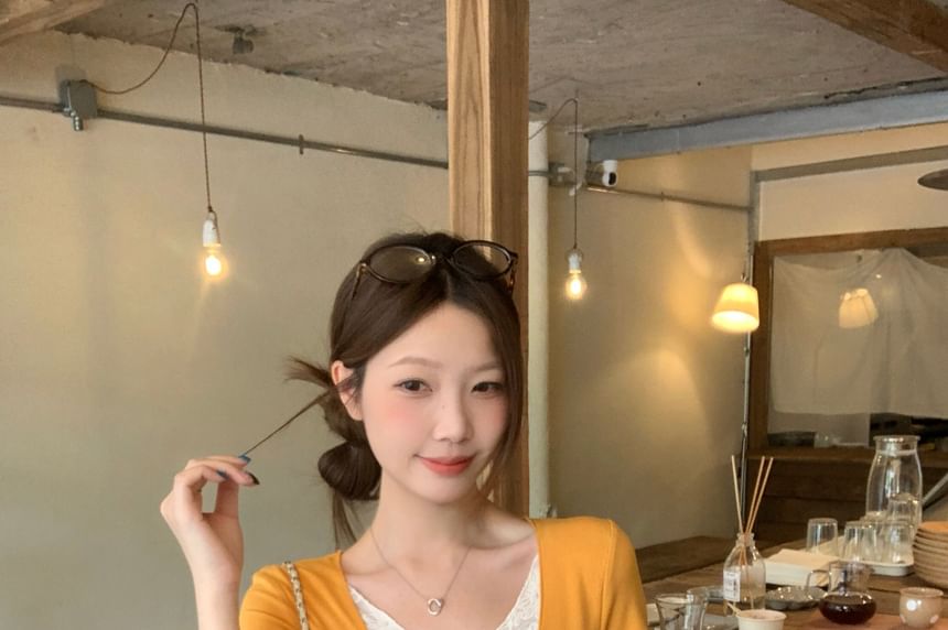 Lace Cutout Slit V-Neck Crop Tee