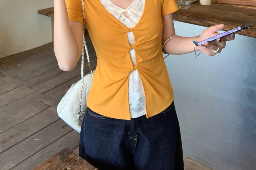Lace Cutout Slit V-Neck Crop Tee