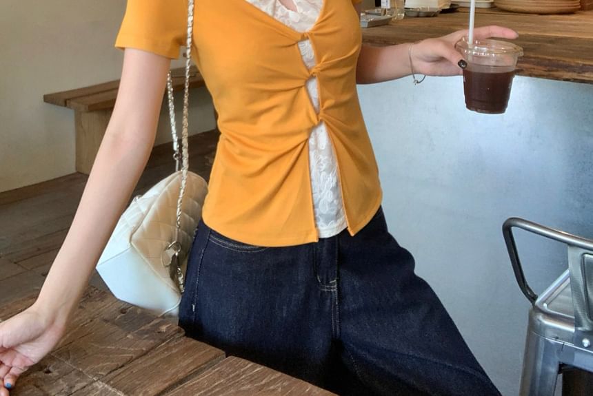 Lace Cutout Slit V-Neck Crop Tee