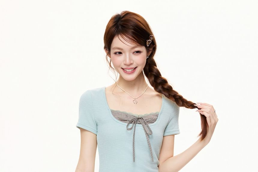 Plaid Panel Crop Tee with Square Neck and Lace Trim