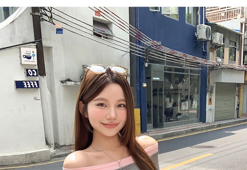 Two-Tone Off-Shoulder Fitted Tee