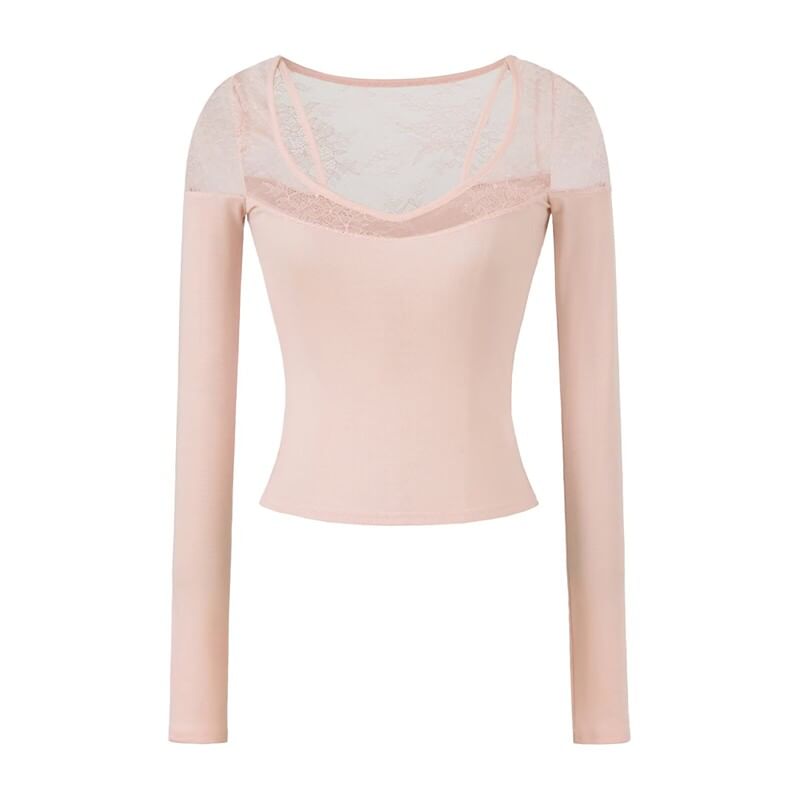 Lace Panel V-Neck Long Sleeve Shirt