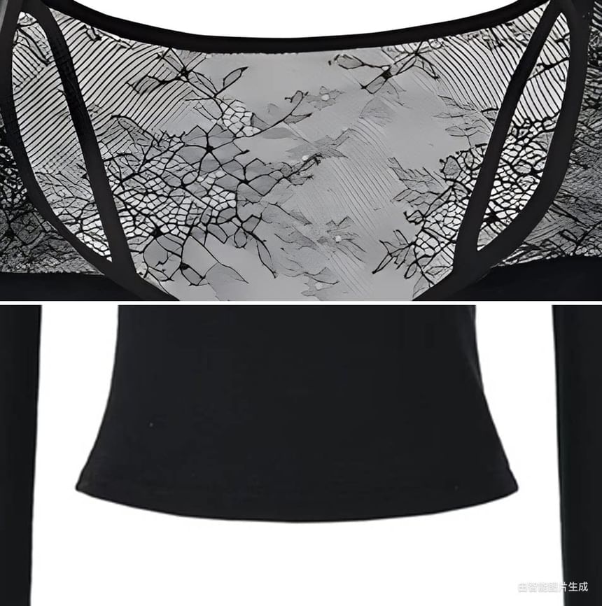 Lace Panel V-Neck Long Sleeve Shirt