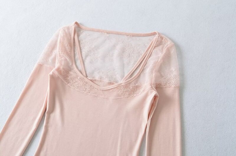Lace Panel V-Neck Long Sleeve Shirt