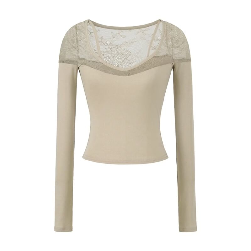 Lace Panel V-Neck Long Sleeve Shirt