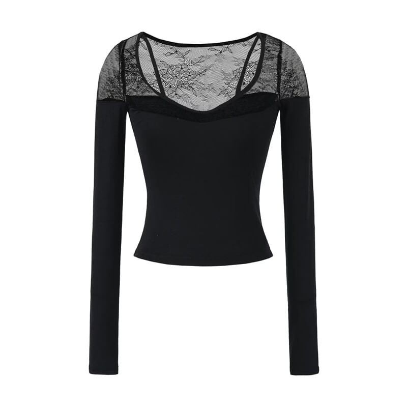 Lace Panel V-Neck Long Sleeve Shirt