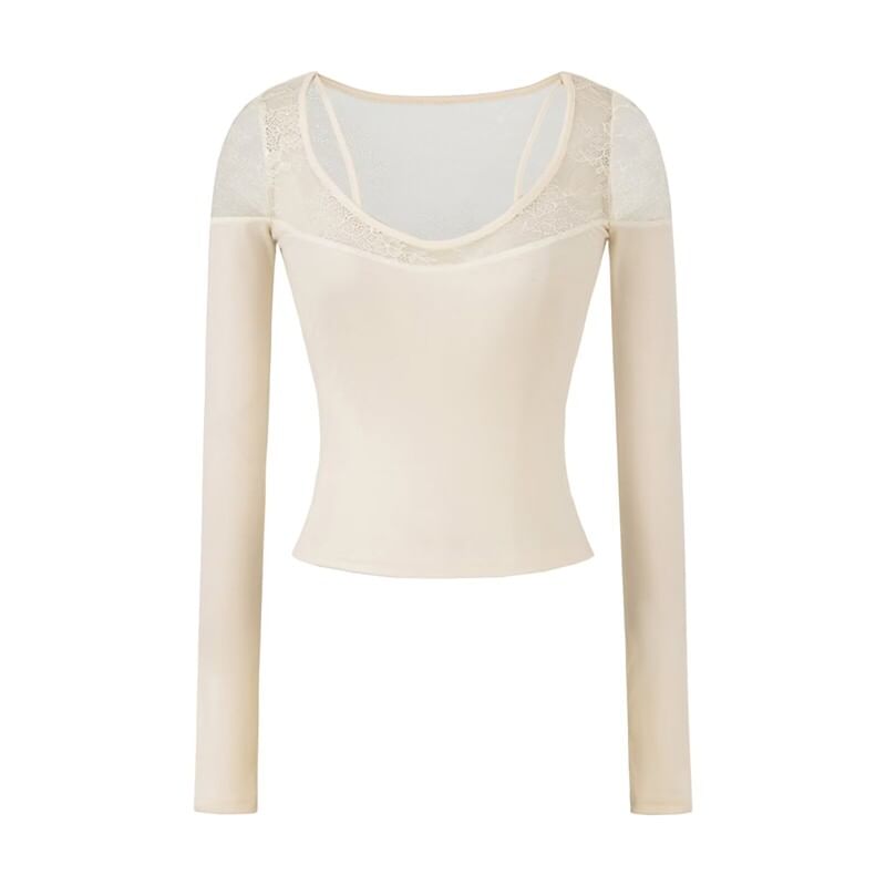 Lace Panel V-Neck Long Sleeve Shirt