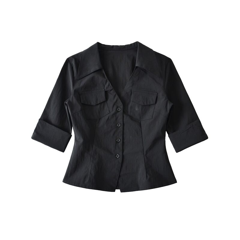 Collared V-Neck Flap Pocket Elbow Sleeve Shirt