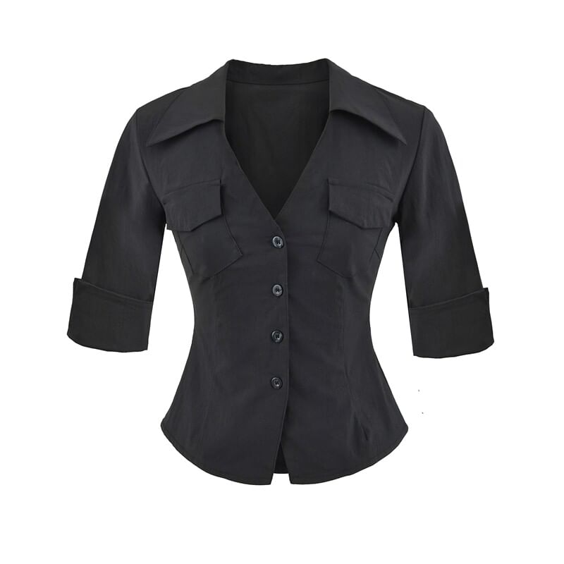 Collared V-Neck Flap Pocket Elbow Sleeve Shirt