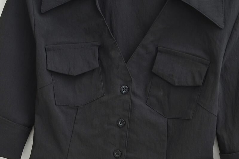 Collared V-Neck Flap Pocket Elbow Sleeve Shirt