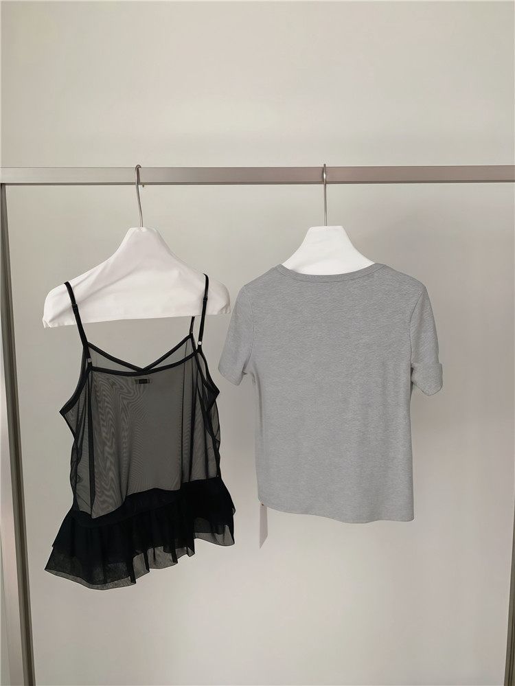 Duo Set: Crew Neck Short-Sleeve Tee + V-Neck Lace Camisole