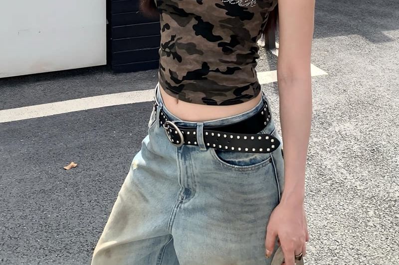 Camo Print Crop Tube Top with Rhinestone Accents