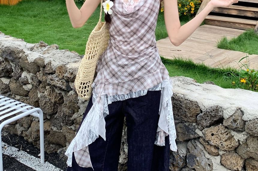 Asymmetrical Plaid Camisole with Cowl Neck and Lace Panels