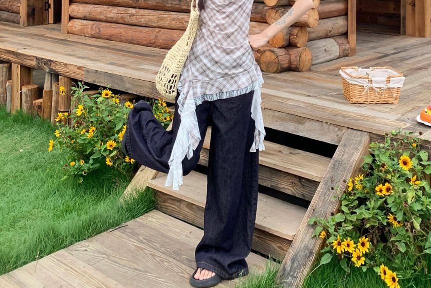 Asymmetrical Plaid Camisole with Cowl Neck and Lace Panels