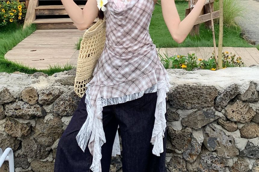 Asymmetrical Plaid Camisole with Cowl Neck and Lace Panels