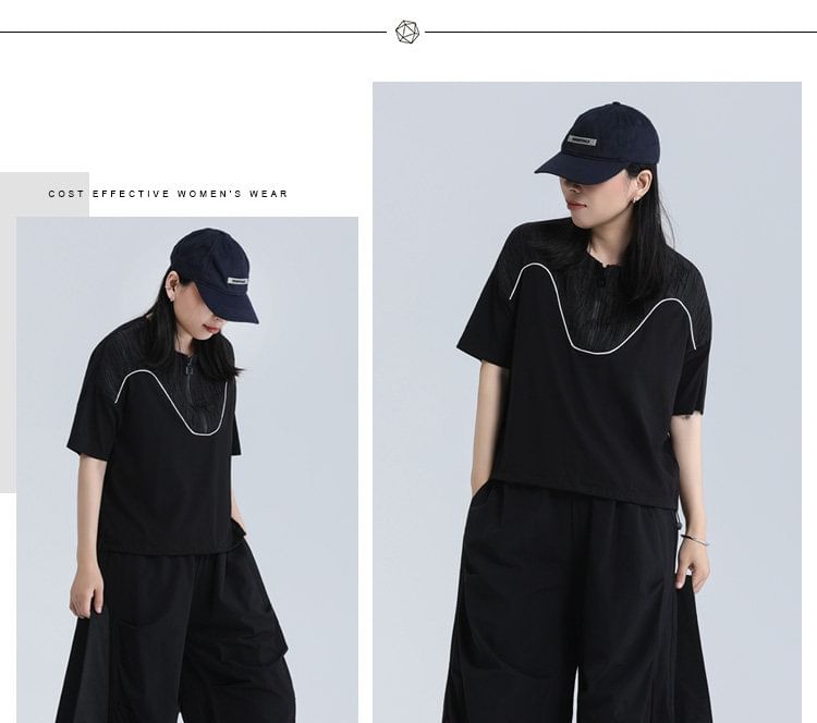 Half-Zip Contrast Panel Tee with Crew Neckline and Short Sleeves