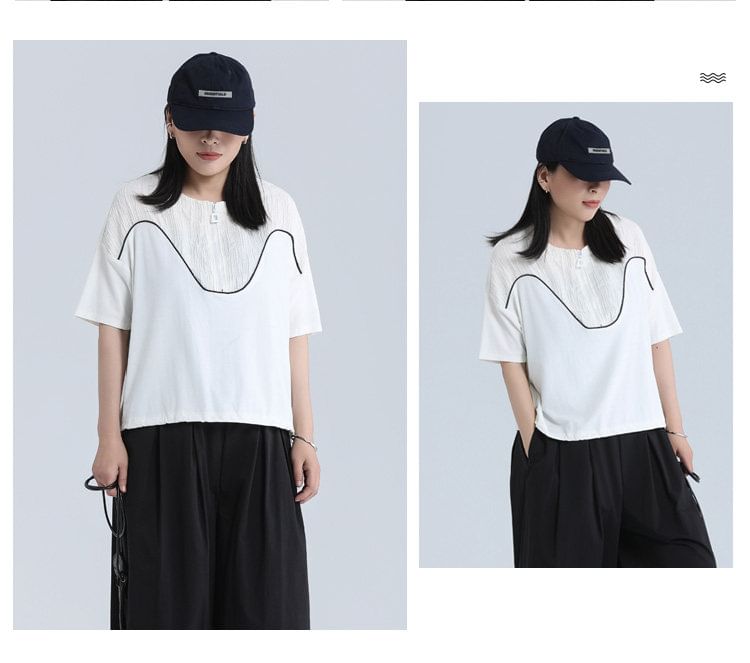 Half-Zip Contrast Panel Tee with Crew Neckline and Short Sleeves