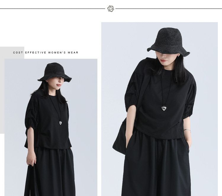 Plain Paneled Tee with Elbow-Length Sleeves and Crew Collar