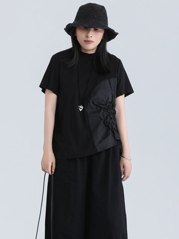 Asymmetrical Ruched Tee with Crew Neck and Short Sleeves