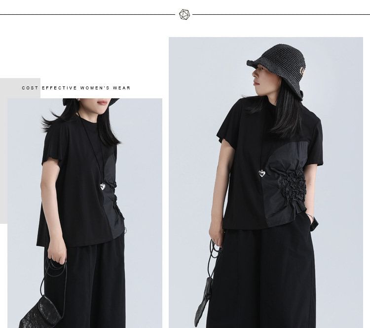 Asymmetrical Ruched Tee with Crew Neck and Short Sleeves