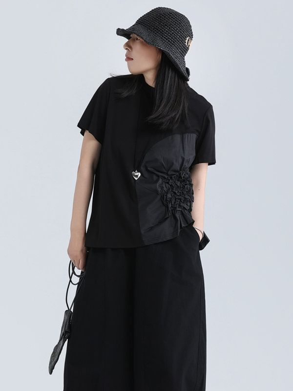 Asymmetrical Ruched Tee with Crew Neck and Short Sleeves