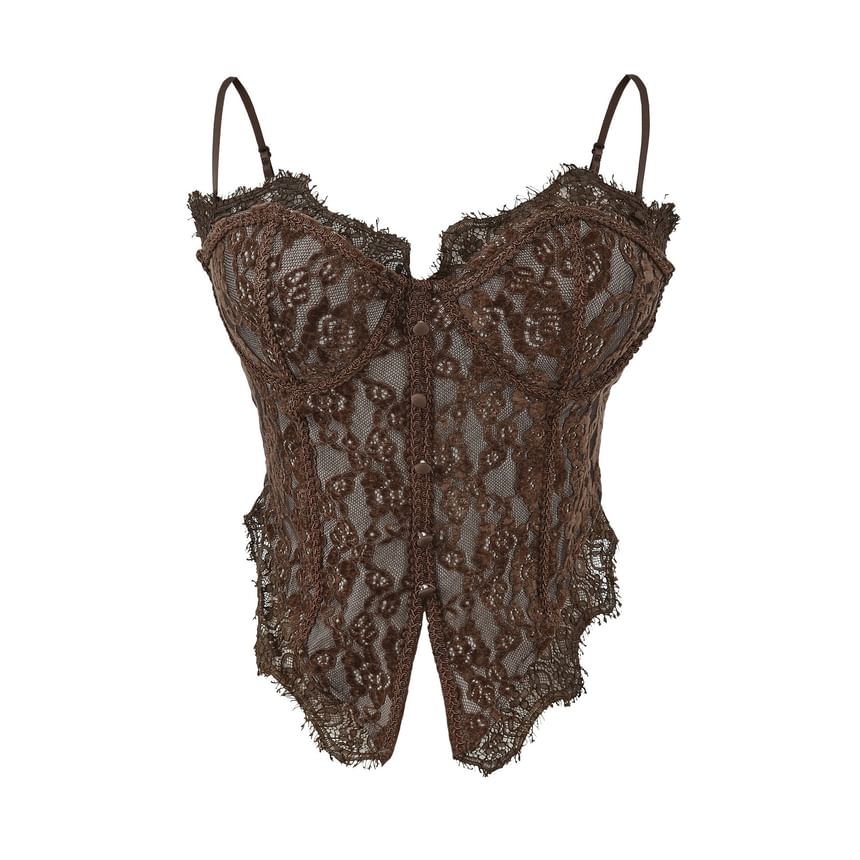 Lace-Trimmed Corset Crop Top with Slit