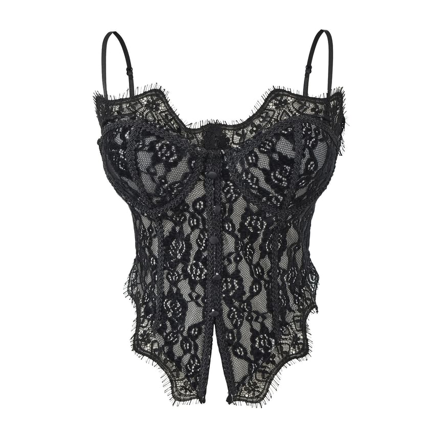 Lace-Trimmed Corset Crop Top with Slit