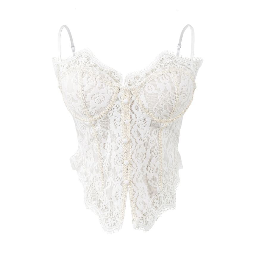 Lace-Trimmed Corset Crop Top with Slit