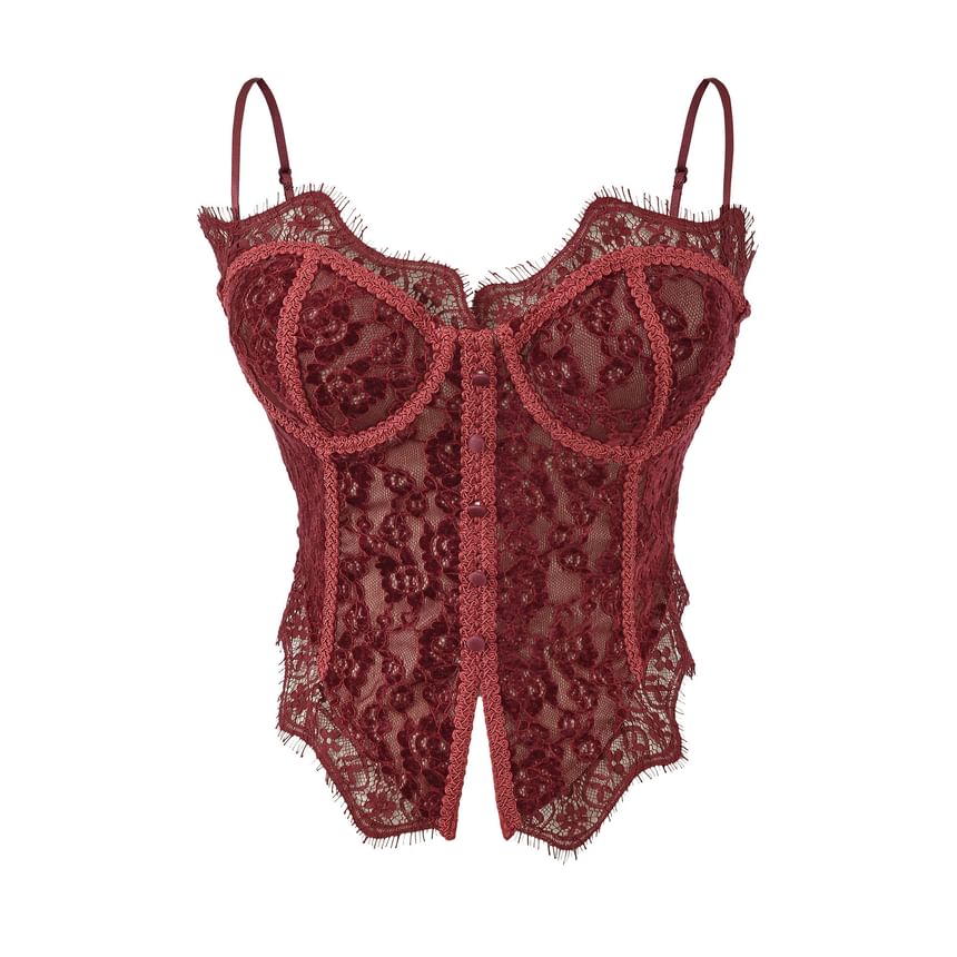 Lace-Trimmed Corset Crop Top with Slit