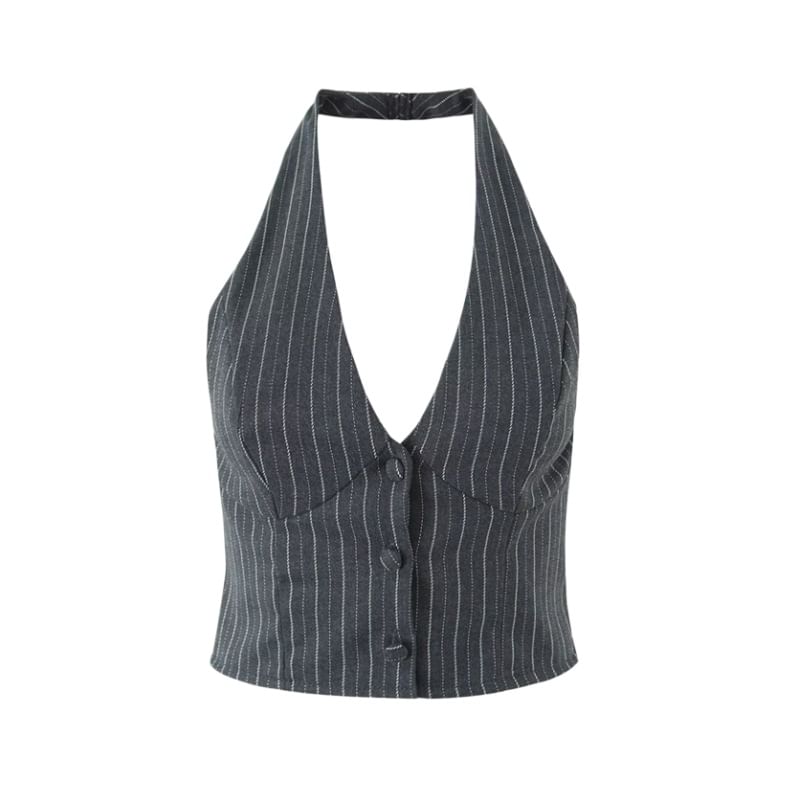 Halter V-Neck Pinstriped Button-Up Open Back Crop Vest / Mid Rise Layered Mini A-Line Skirt
