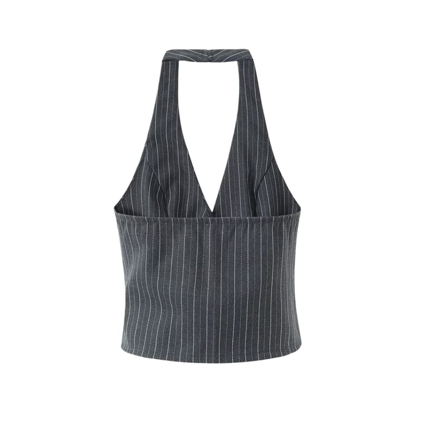 Halter V-Neck Pinstriped Button-Up Open Back Crop Vest / Mid Rise Layered Mini A-Line Skirt