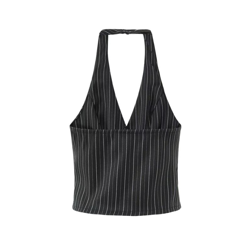 Halter V-Neck Pinstriped Button-Up Open Back Crop Vest / Mid Rise Layered Mini A-Line Skirt