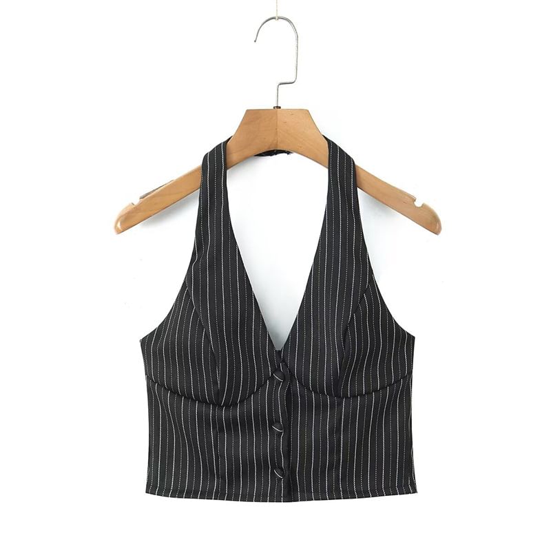 Halter V-Neck Pinstriped Button-Up Open Back Crop Vest / Mid Rise Layered Mini A-Line Skirt
