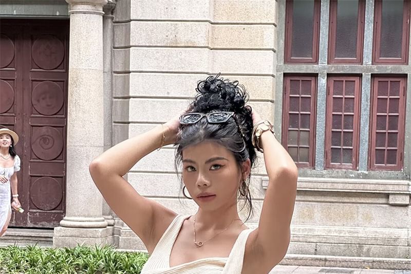 Asymmetric Neck Knit Tank with Slit