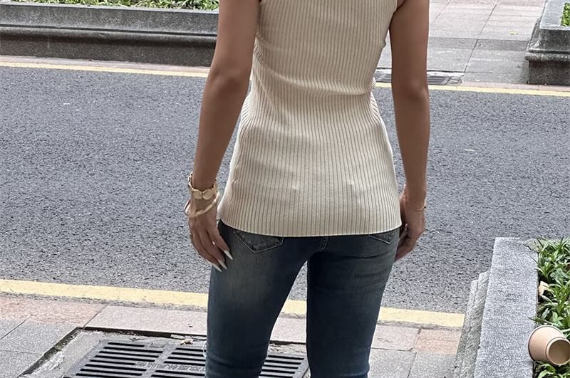Asymmetric Neck Knit Tank with Slit