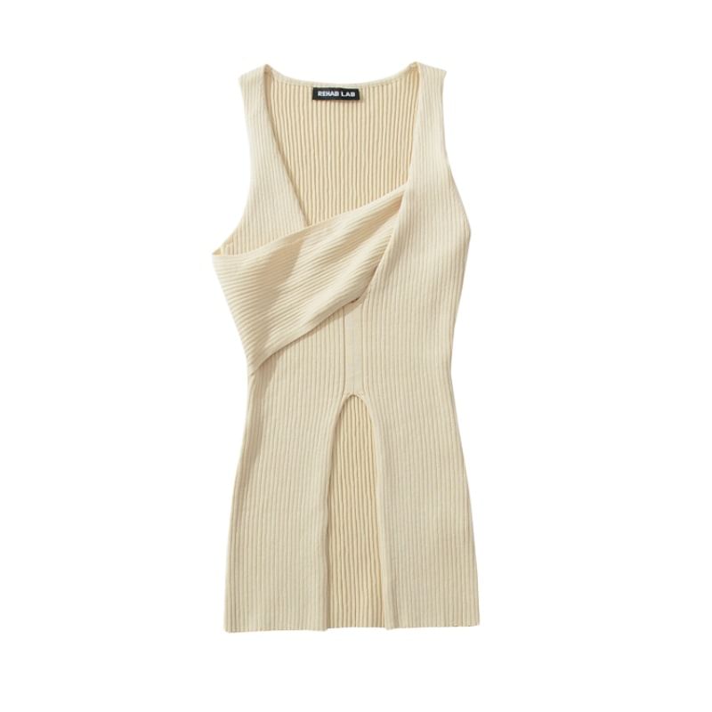 Asymmetric Neck Knit Tank with Slit