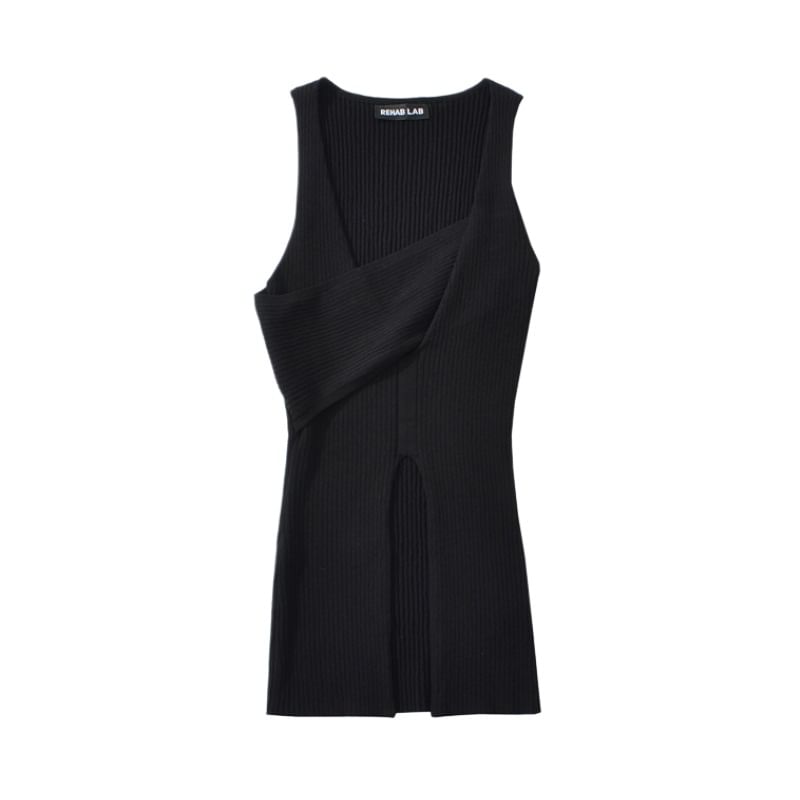 Asymmetric Neck Knit Tank with Slit