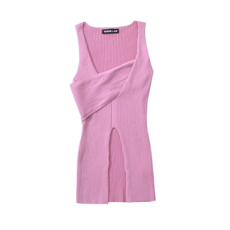 Asymmetric Neck Knit Tank with Slit