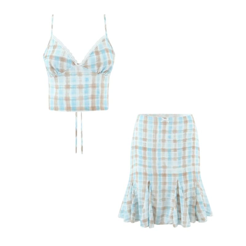Lace Trim Tie Back Crop Cami & Mermaid Skirt Set