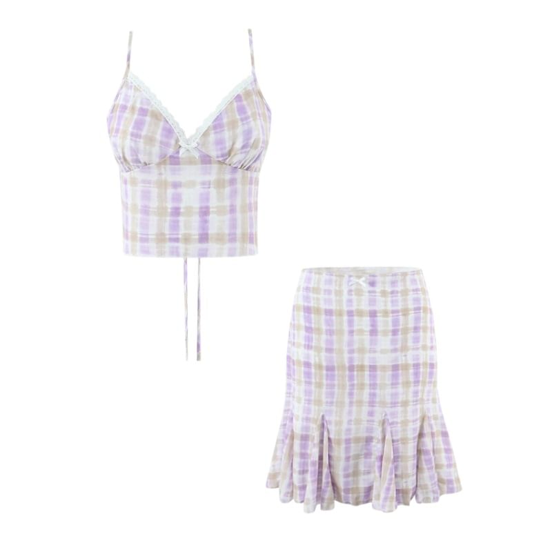 Lace Trim Tie Back Crop Cami & Mermaid Skirt Set