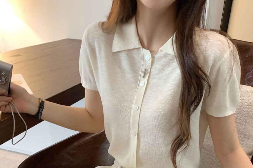 Collared Button Knit Tee with Short Sleeves