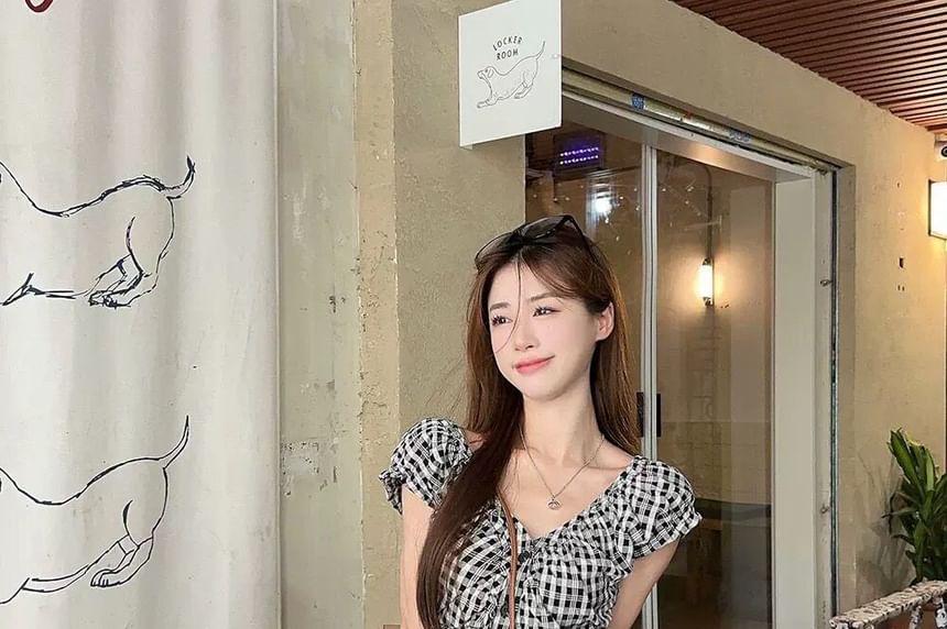 Plaid Ruched Blouse with Cap Sleeves