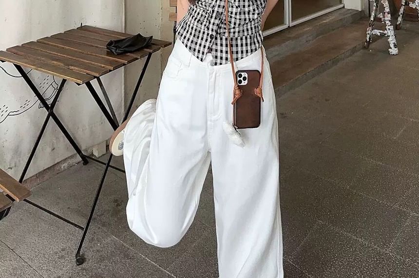 Plaid Ruched Blouse with Cap Sleeves