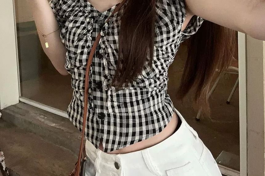 Plaid Ruched Blouse with Cap Sleeves
