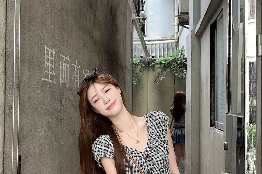 Plaid Ruched Blouse with Cap Sleeves