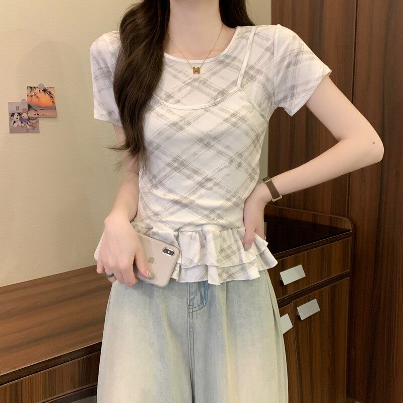 Plaid Ruffle Mock Two-Piece Round Neck Top