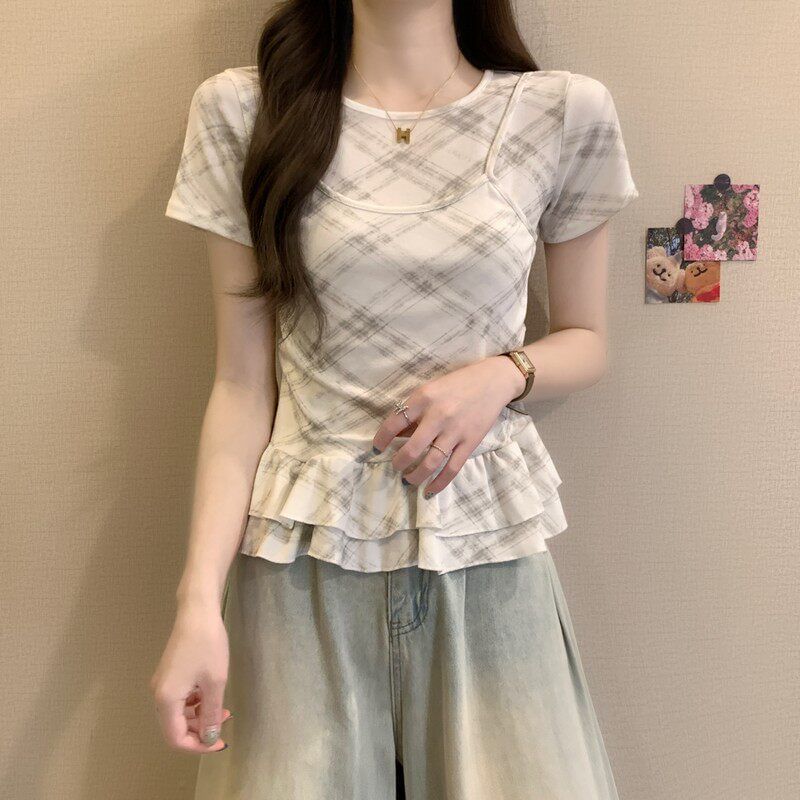 Plaid Ruffle Mock Two-Piece Round Neck Top