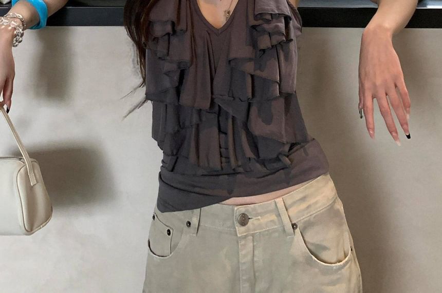 V-Neck Solid Ruffle Cami Blouse