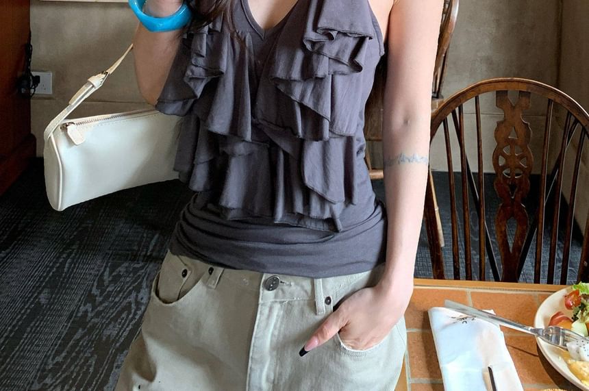 V-Neck Solid Ruffle Cami Blouse